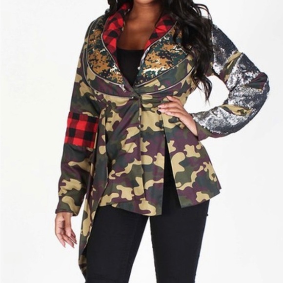 Asymmetrical Camo, Plaid, & Sequins Jacket - Picture 3 of 10